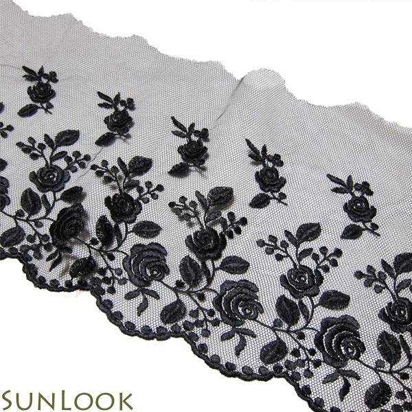 10cm単位販売 ゆうパケット可 巾約13cm 幅広 薔薇の繊細チュールレース 黒 TB18