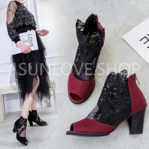 ブーツサンダル フラワーレース 透かし 美脚 ブーツ レディース 靴 夏ブーツ オープントゥ ブーティ メッシュレース ブーサン シースルー