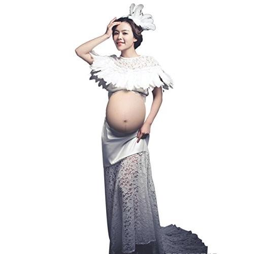 マタニティ フォト ドレス 可愛いレース衣装 写真 撮影 妊娠中の姿を記念に 3点セット (B)