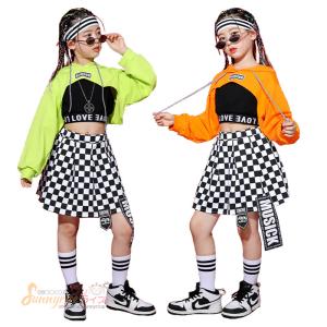 ダンス衣装 キッズ 女の子 ヒップホップ チアガール  セットアップ パーカー タンクトップ 格子スカート オレンジ グリーン団体服 応援着 ステージ衣装 韓国｜sunnyrise