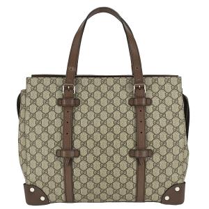 グッチ GUCCI GGスプリーム トートバッグ ディテール付き 626356 PVC レザー ブラウン ベージュ シルバー金具 ショルダー 肩掛け メンズ レディース 新品同様