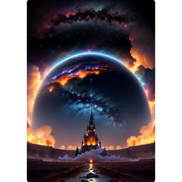 お風呂ポスター「AI生成　城と地球」　AI　AI生成　城　地球　ポスター　A3判　カラー　片面