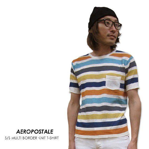 Tシャツ メンズ /エアロポステイル 半袖マルチボーダーニットTシャツ(サマーセーター)