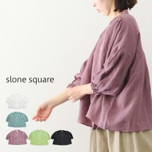 slone square 38044 スロンスクエア フレンチリネンスタンドカラー6分袖ブラウス｜supereasy-japan