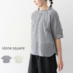 【ポイント10倍】【10％offクーポン配布中】 slone square 48083 スロンスクエア シャーリングチェックネックフリル6分袖ブラウス｜supereasy-japan