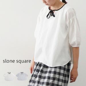 【10％offクーポン配布中】 スロンスクエア slone square 48085 東炊きローンバイカラーパイピングリボン付き6分袖ブラウス｜supereasy-japan