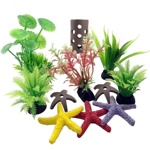 SZLYTYUN 水族館水槽プラスチック植物とセラミック小さな装飾と樹脂ヒトデの装飾の11ピース