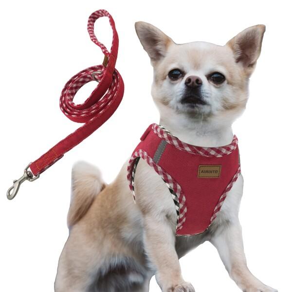 Aiminto デニム犬用ハーネス＆リードセット、通気性の高いメッシュ素材、軽量、ハーネス胸元に