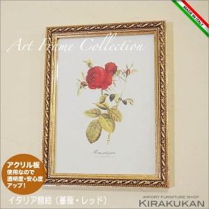 イタリア製 薔薇額絵：ゴールド枠 アクリル板（ローズ・レッド）花｜suzukikagu