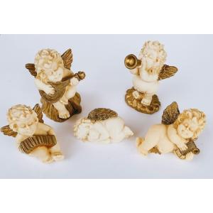 ゴールドの天使の置物 5体セット エンジェル アコーディオン天使置物 金色羽エンジェル 座りポーズ
