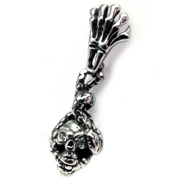 新型ステンレス 1個売り ボーンハンドゆらゆらスカルヘッド煌きＧlass スタッドピアス シルバーT...