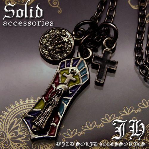 今だけ送料無料 プラチナブラックcolor聖母マリア 十字架ネックレス クロス キラキラストーン付 ...