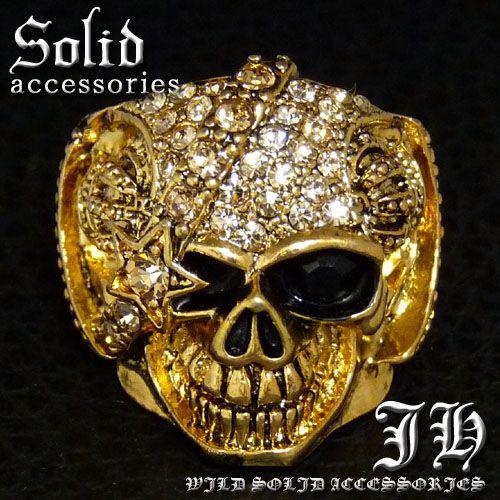 R250 送料無料 スカル煌きGlassブラック煌きGlass高級ゴールドRG加工リング 指輪HIP...