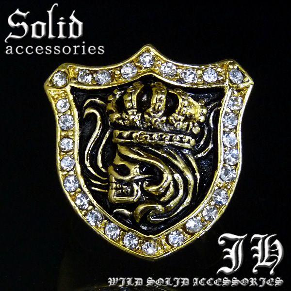 豪華煌きGlassが27石 ゴールドcolorキングスカルリング 指輪svペアリング 王冠クラウンR...