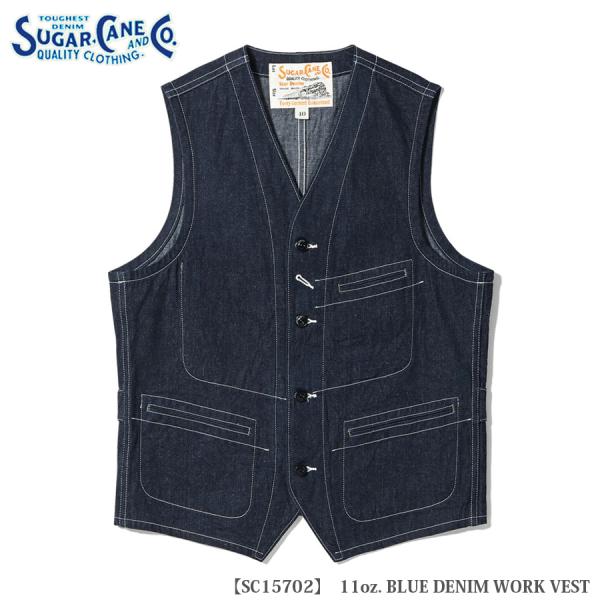 SUGAR CANE &amp; Co. 11oz. BLUE DENIM WORK VEST SC1570...