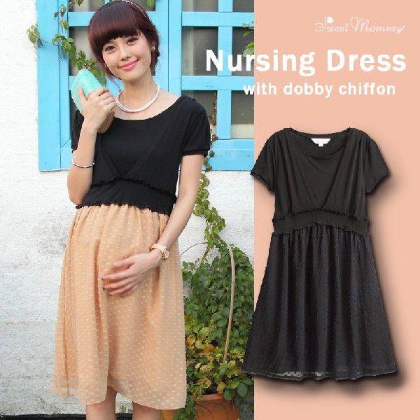 マタニティ服 授乳服 マタニティワンピース ドビー織り 変わりシフォン切り替え