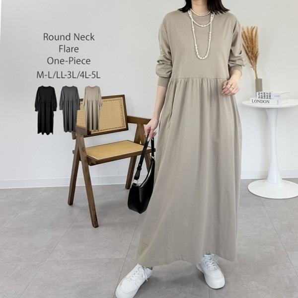 ラウンドネックフレアワンピース/ワンピース/フレア/リブ袖/ゆったり/大きいサイズ