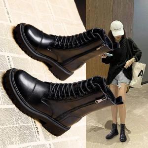 レディース ショートブーツ 本革 サイドジップ 厚底 太ヒール 6cm 美脚