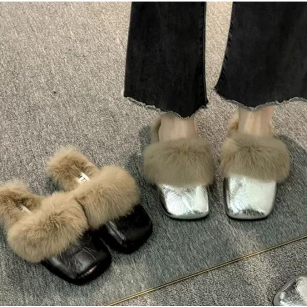 レディース PUスリッパ 裏ボア スリッパ フワフワファー スクエアトゥ レトロ ミュール 女性 フ...