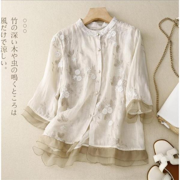 シャツブラウス レディース  七分袖 リネンブラウス 綿麻 夏 チュニック 麻 着心地 大人 刺繍4...