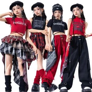 キッズダンス衣装 チア ヘソ出し 女の子 黒 赤 ジャズ トップス スカート カーゴパンツ 子供服 ヒップホップ セットアップ ステージ衣装 チェック おしゃれ jaz