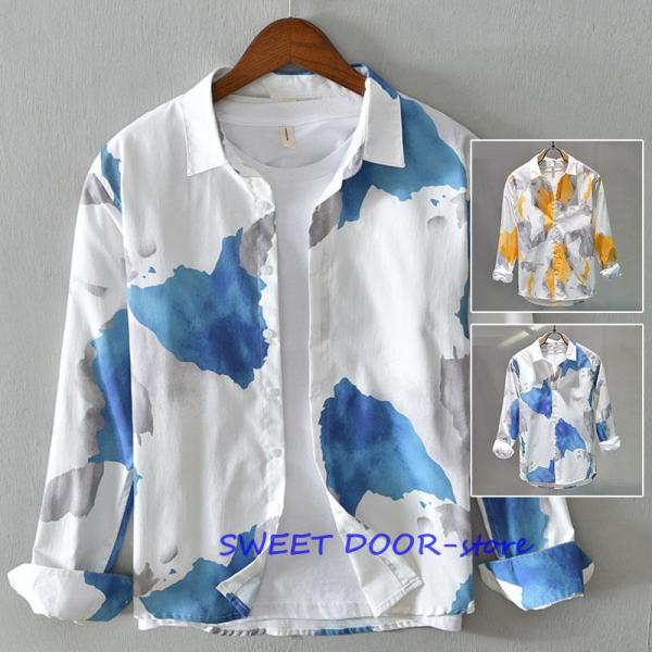 サテンシャツ メンズ 長袖 ノーアイロン 総柄 ブラウス トップス アロハ カジュアル リゾート