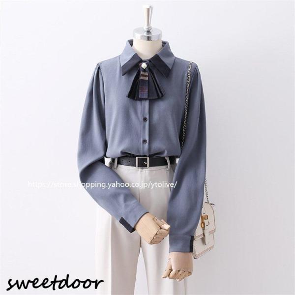 ブラウス 冬 冬服 レディース トップス シャツ 長袖 前開き リボン オフィスカジュアル 大きいサ...