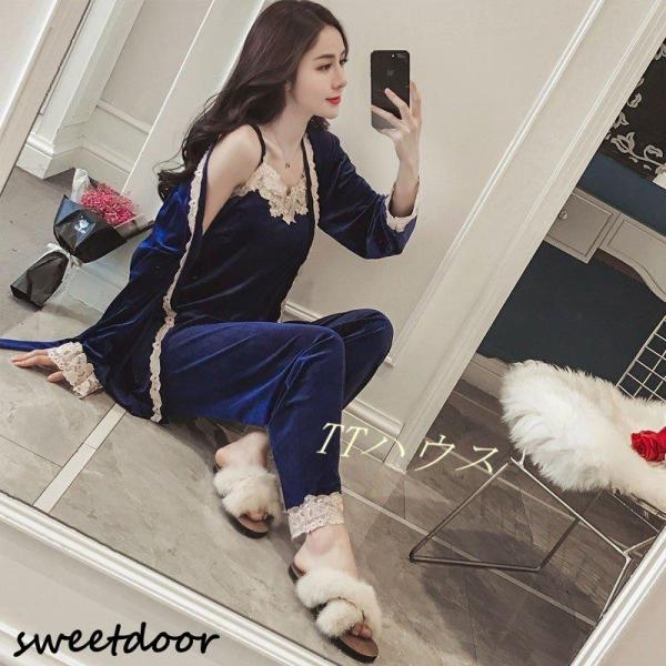 パジャマ レディース 冬 ルームウェア 3点セット 部屋着 ネグリジェ レース ナイトガウン キャミ...