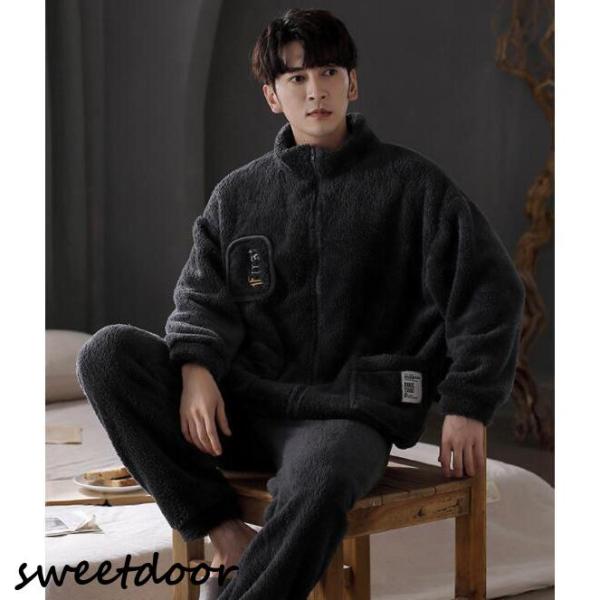 パジャマ メンズ 上下セット 暖かい ふわもこ モコモコ 厚手 フード付き ナイトウェア ルームウェ...