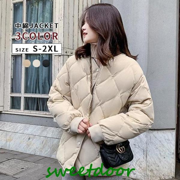 中綿 ジャンパー ノーカラー レディース 女性 婦人服 アウター 上着 ダウン風 キルティング スナ...