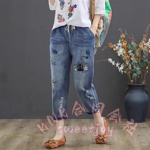 デニムパンツ レディース 花刺繍 クロップドパンツ 文芸風 春夏秋 KNK(株) ダメージ加工 民族...