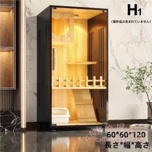 猫ケージ 3段 木製 キャットケージ 大型 おしゃれ KNK(株) 透明ガラスドア キャスター付き 猫ゲージ 保護 脱走防止 室内飼い 幅60×奥行60×高さ120cm