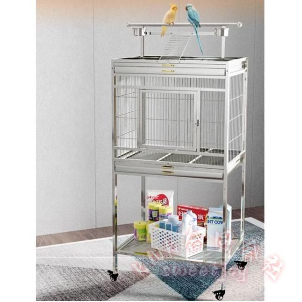 ステンレス鳥かご 80×60×175cm 中型オウム向け KNK(株） ダブルトレイ 給餌ボウル付き...