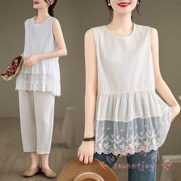 レディースロングタンクトップ裾スカラップレース刺繍ノースリーブブラウスインナー夏キャミソールKNK(...