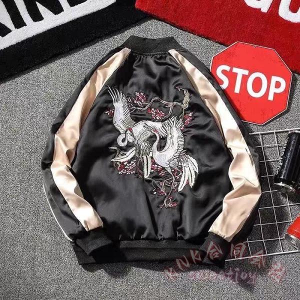 スカジャン メンズ 男女兼用 横須賀 刺繍 ブルゾン KNK(株) 鶴 サテン 光沢 リバーシブル ...