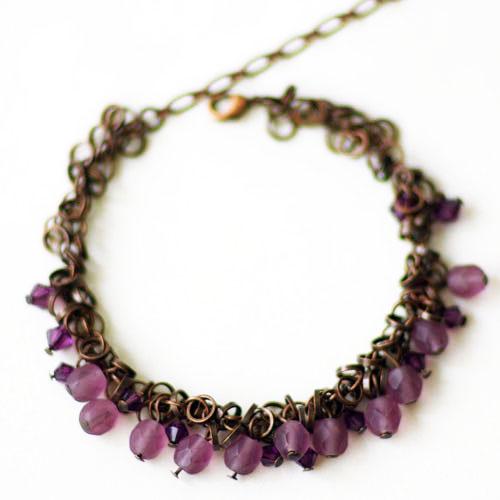 紅女　joncher　チェコビーズブレスレット　パープル・ブラウンつや消しビーズとスワロフスキーの光...