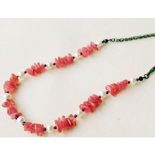 紅女　joncher　インカローズ（ロードクロサイト）・淡水パール・ガーネットネックレス