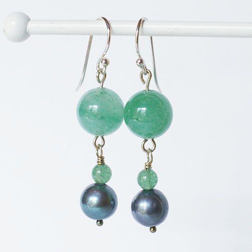 紅女　joncher　グリーンアベンチュリン・淡水パールスシルバーピアス