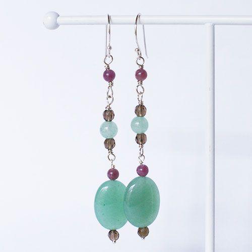 紅女　joncher　グリーンアベンチュリン・スモーキークオーツ・レピドライトシルバーピアス