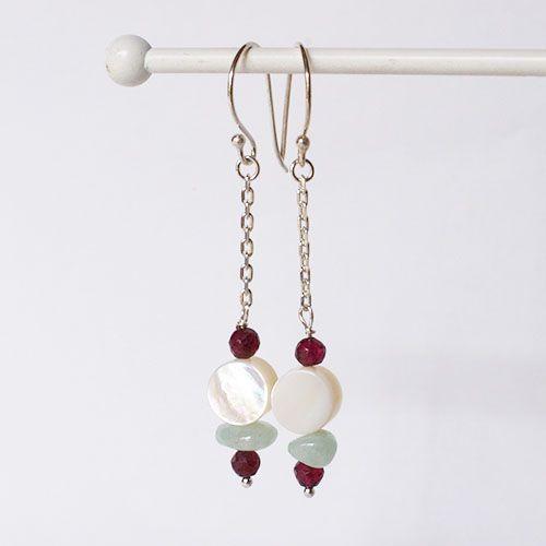 紅女　joncher　白蝶貝・ベリル・ガーネットシルバーピアス