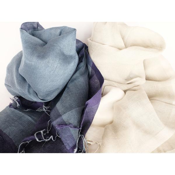 シサム工房・サシャ　手織りリネン・オーガニックコットンストール（ブルー　ベージュ）（フェアトレード商...