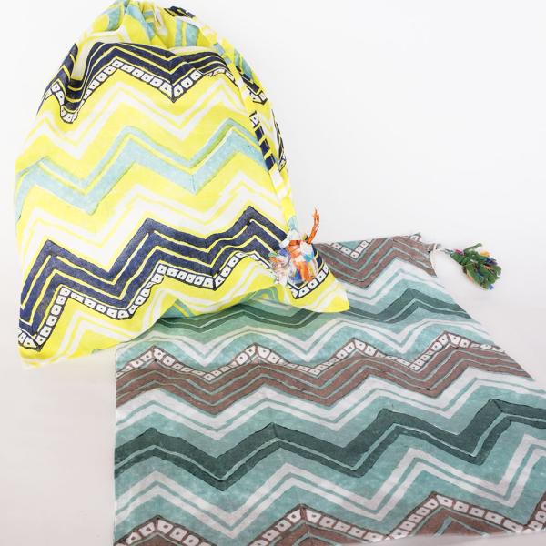 シサム工房・サシャ　ブロックプリントタッセル巾着チソウ（イエロー　ターコイズ）（フェアトレード商品）...