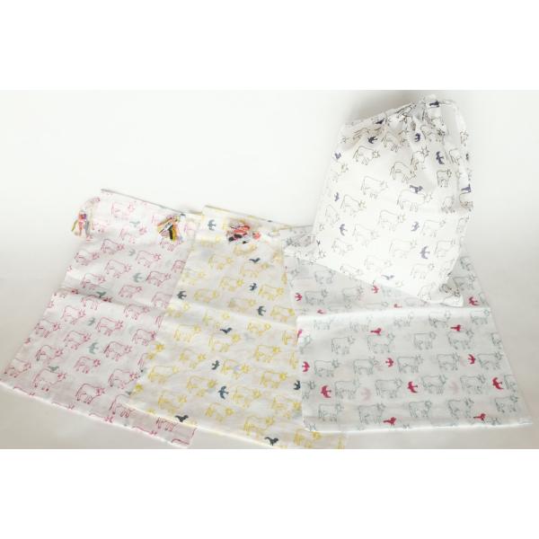 シサム工房・サシャ　ブロックプリントウシトトリ巾着（ピンク　イエロー　ターコイズ　ダークブラウン）（...