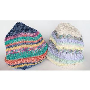 Ｍ．＆ＫＹＯＫＯ　カラフルファンシーブロック春夏ニット帽（ブルー　ベージュ）小ぶりのワッチタイプ