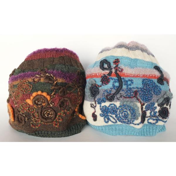 Ｍ．＆ＫＹＯＫＯ　ボーダー×花刺繍ニット帽　お花モチーフがアクセントのワッチタイプ