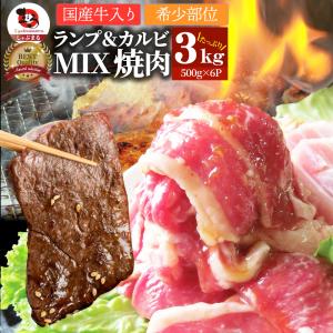 肉 焼肉 牛肉 国産牛入り ランプ＆カルビミックス焼肉3kg（500g×6P）赤身