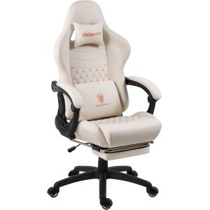 Dowinxオフィスチェア/ゲーミングチェア/リクライニング伸縮可能のオットマン 新開発高級PUレザー 腰の振動機能付き 調節可能ランバーサポート (ホワイト)