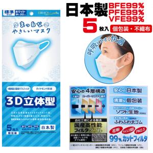 日本製  3D立体 4層構造 マスク 不織布 個包装 5枚入り VFE99% BFE99% PFE99% サージカルマスク 息苦しさ軽減 メイクがつきにくい 使い捨て日本製マスク
