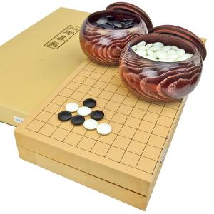 木製囲碁盤と碁石入れセット 初心者の木製囲碁入門セット※13路9路盤・プラ碁石椿(白84粒・黒85粒