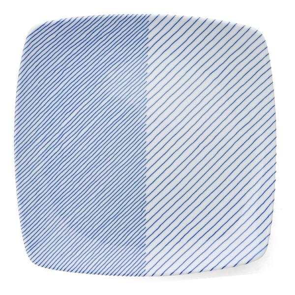 白山陶器 重ね縞 反角盛皿 27.5cm ホワイト/ブルー プレート オードブル 日本製 新生活応援